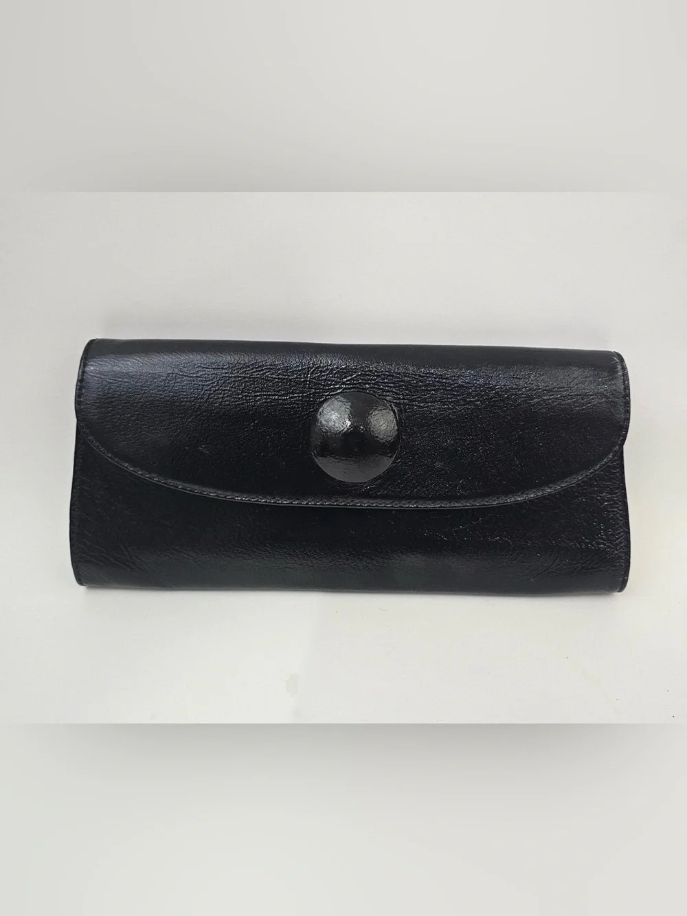 HOBO International Black Leather Foldover Clutch with Snap Accent